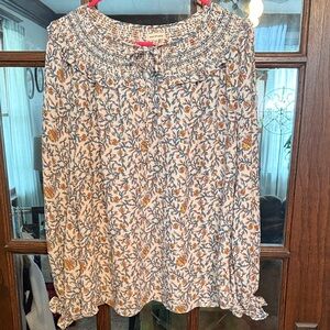 Max Studio Womens Floral Smocked Yoke Blouse Blue Orange‎ White Size Medium